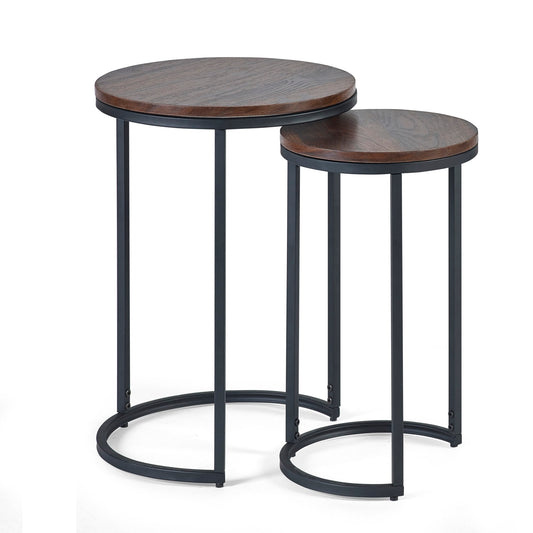 Two round side tables with wooden tops and black metal frames on a white background