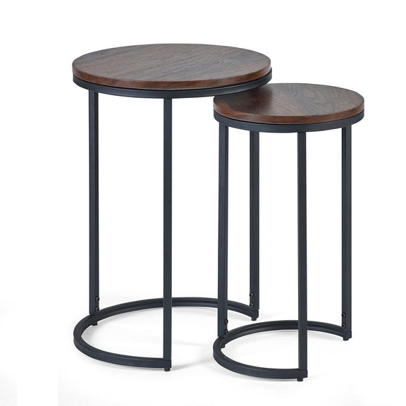Two round side tables with wooden tops and black metal frames on a white background