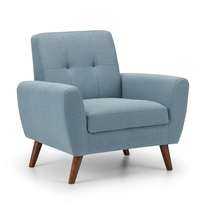 Blue armchair with wooden legs on a white background