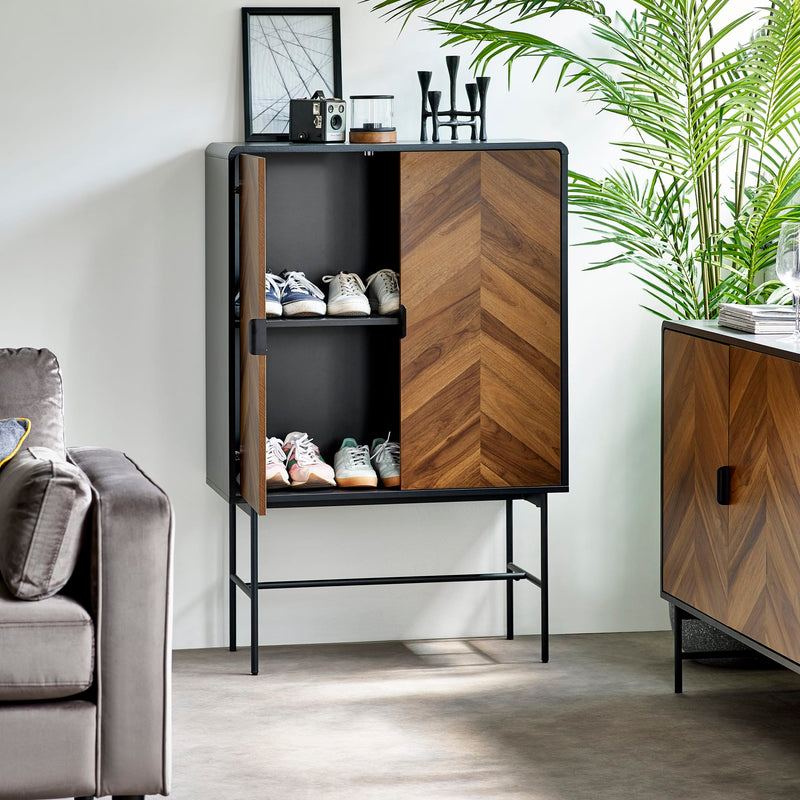 Wooden cabinet with shoe storage in a modern living room setting