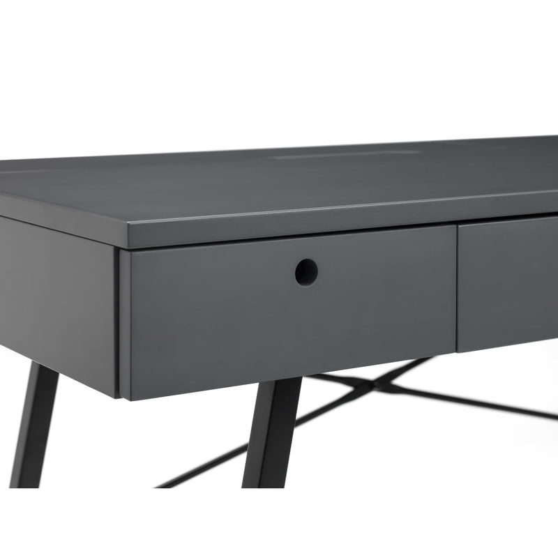 Dark gray desk with a single drawer on a white background