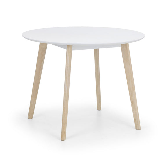 Round white table with wooden legs on a white background