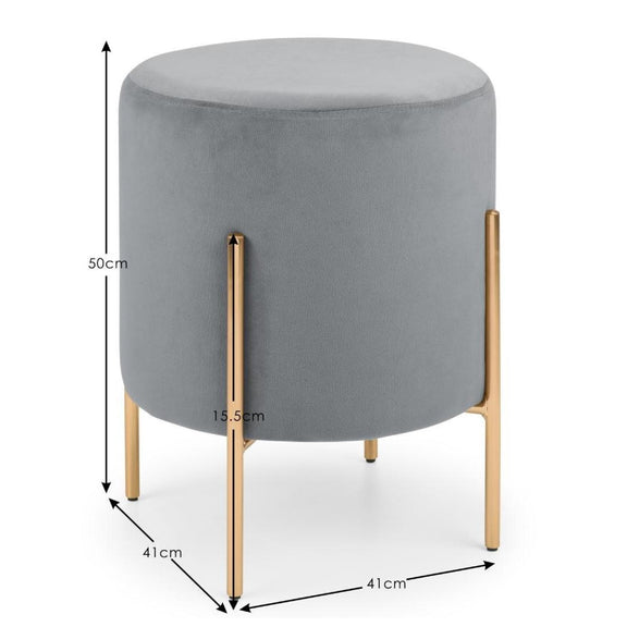 Gray ottoman with gold legs and dimensions on a white background