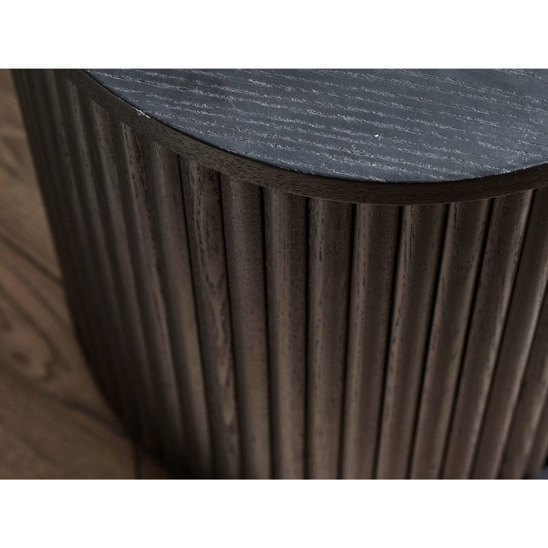 Round side table with ribbed wooden base and dark marble top