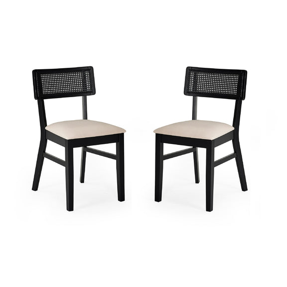 Two black chairs with beige seats on a white background