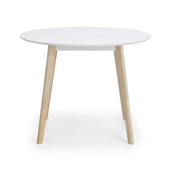 Round white table with wooden legs on a white background