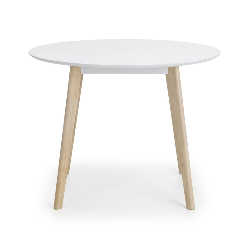 Round white table with wooden legs on a white background