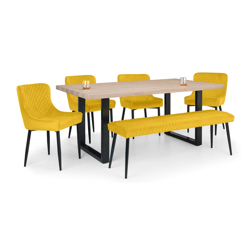 Dining set with a table and four yellow chairs on a white background