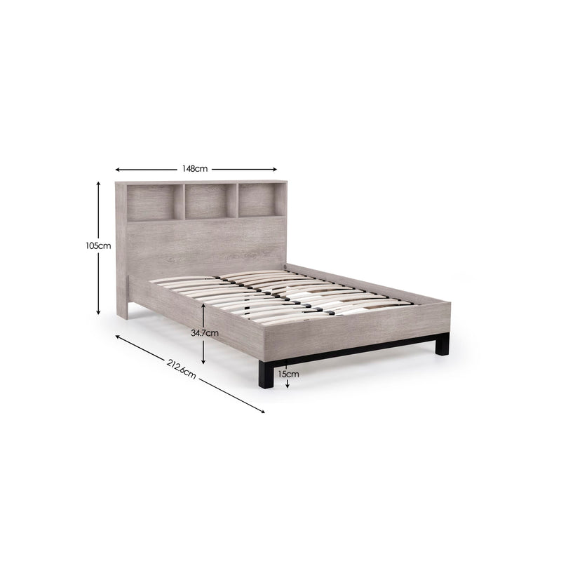 Gray bed frame with dimensions labeled on a white background
