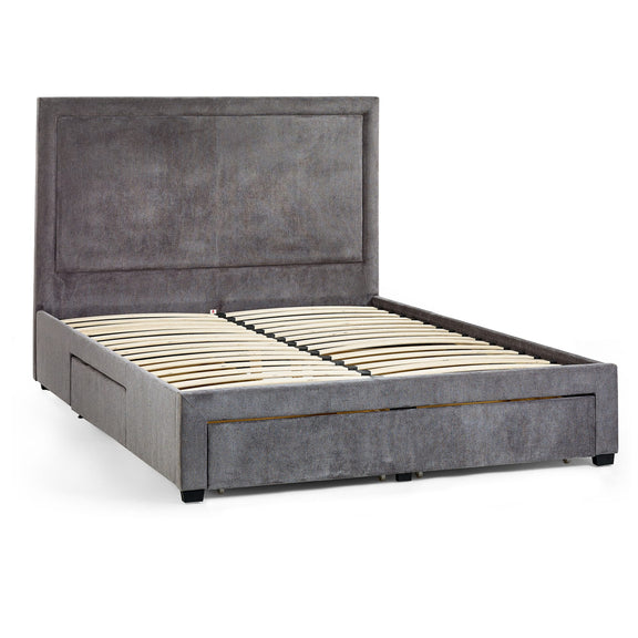 Gray upholstered bed with wooden slats on a white background