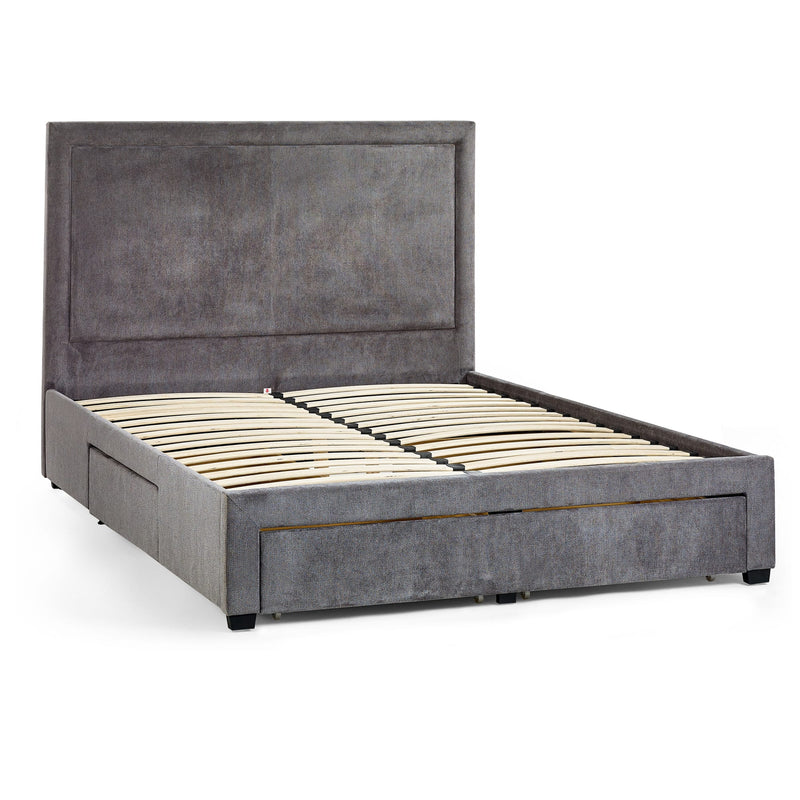 Gray upholstered bed with wooden slats on a white background
