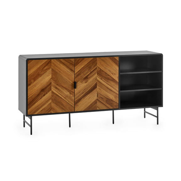 Wooden sideboard with chevron pattern and black accents on a white background