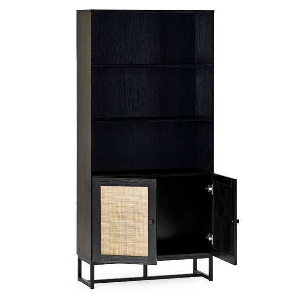 Black bookshelf with a cabinet and open door on a white background