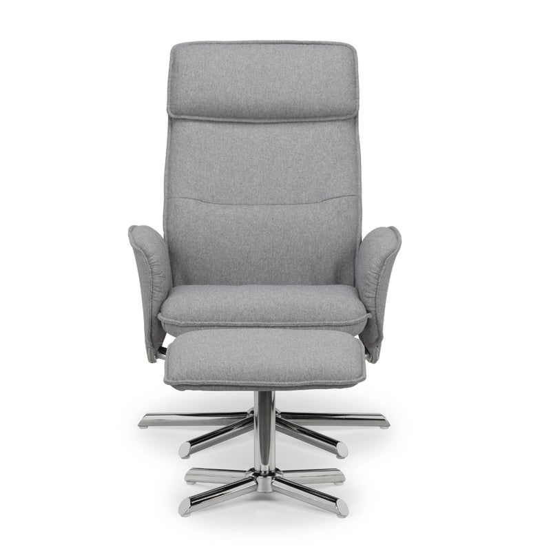 Gray recliner chair with ottoman on a white background