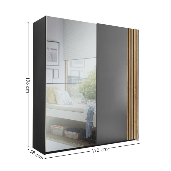 Black wardrobe with mirror panel and dimensions on a white background
