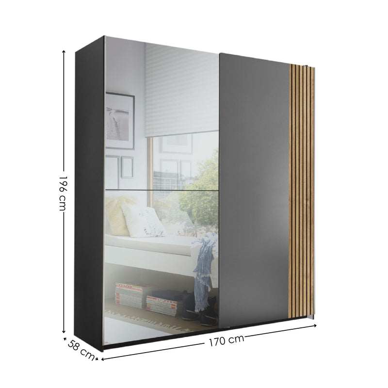 Black wardrobe with mirror panel and dimensions on a white background