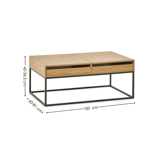 Wooden coffee table with dimensions on a white background