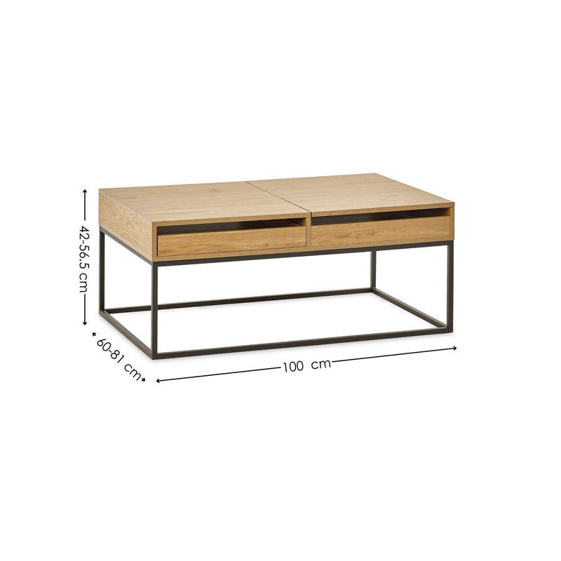 Wooden coffee table with dimensions on a white background