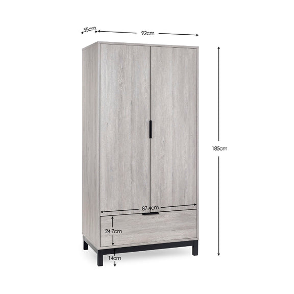 Gray wardrobe with dimensions labeled on a white background