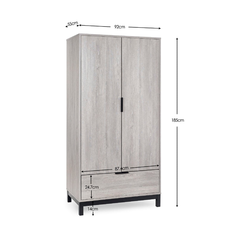 Gray wardrobe with dimensions labeled on a white background