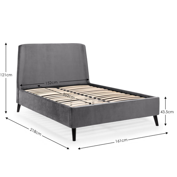 Gray upholstered bed with dimensions marked on a white background