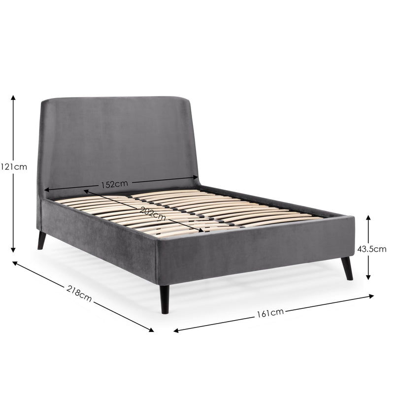 Gray upholstered bed with dimensions marked on a white background