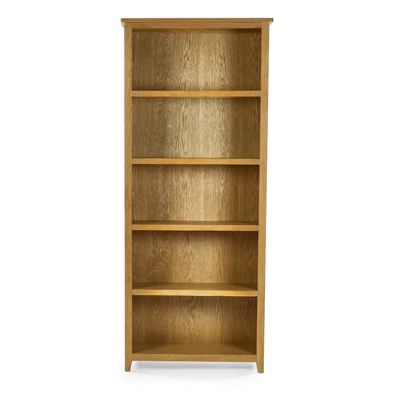 Wooden bookshelf with five shelves on a white background