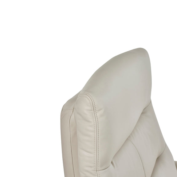 Close-up of a beige leather chair with a white background
