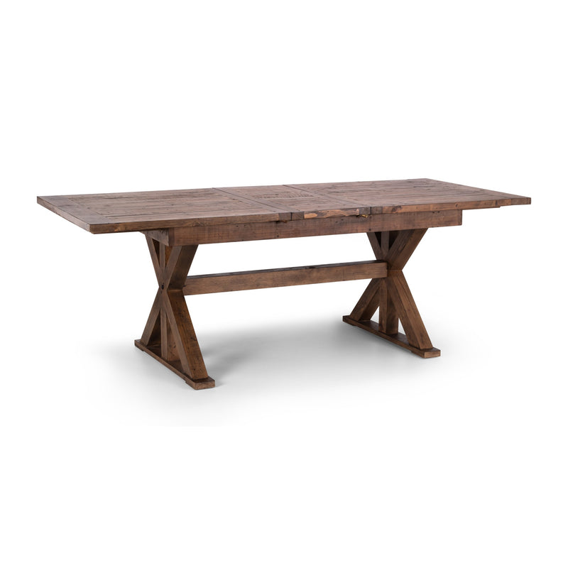 Wooden dining table with X-shaped legs on a white background