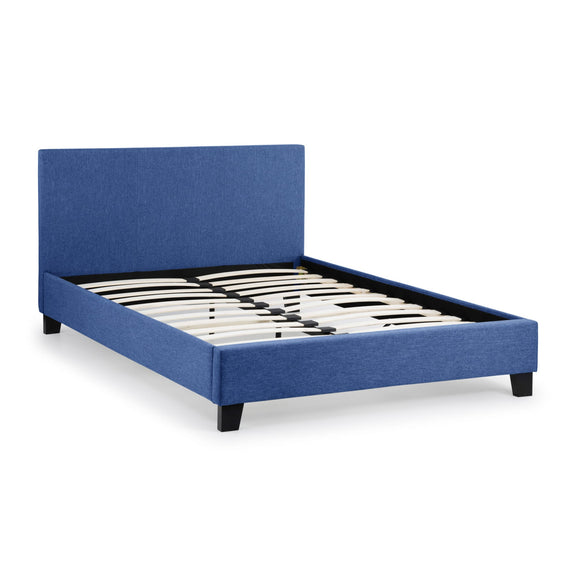 Blue upholstered bed frame with wooden slats on a white background