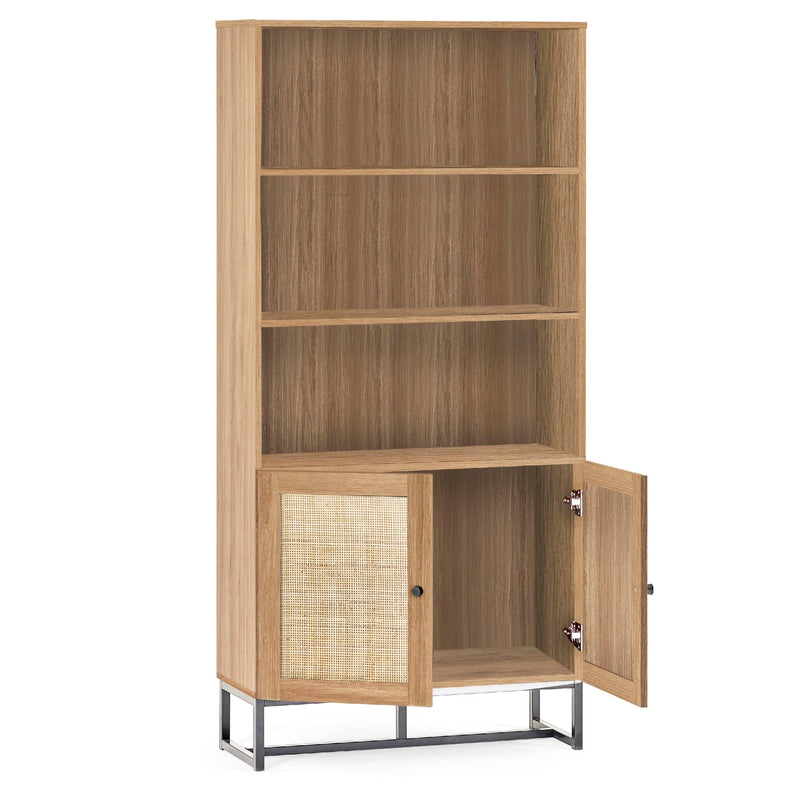 Wooden bookshelf with open door on a white background