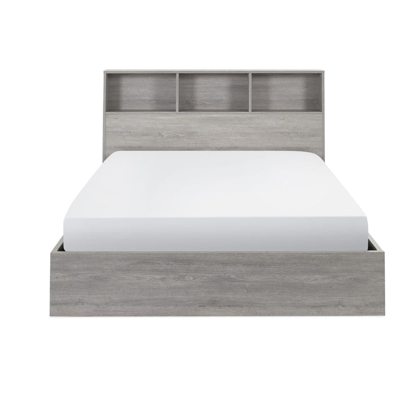 Wooden bed frame with bookshelves on a white background