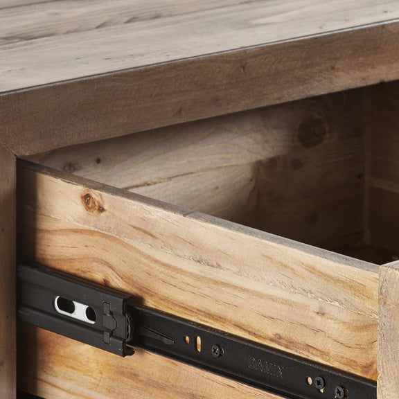 Wooden drawer with a black metal handle