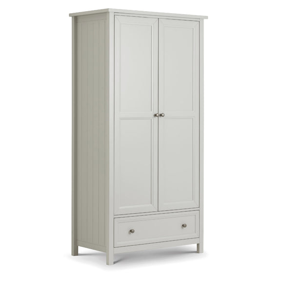 Gray wardrobe with two doors and a drawer on a white background