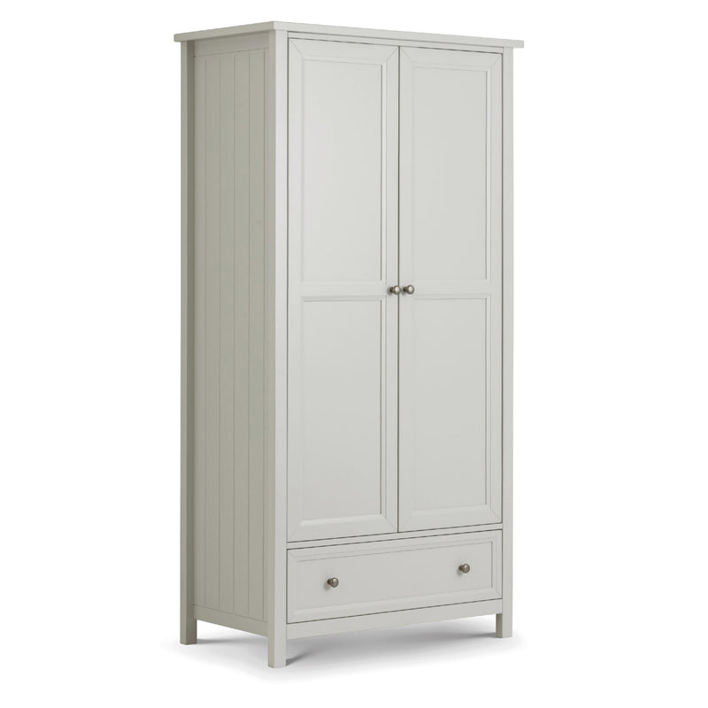 Gray wardrobe with two doors and a drawer on a white background