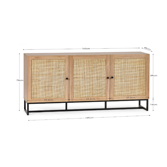 Wooden cabinet with rattan doors and dimensions on a white background