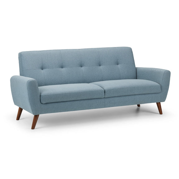 Blue sofa with wooden legs on a white background