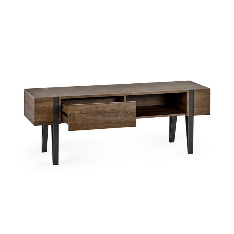 Wooden console table with black legs on a white background