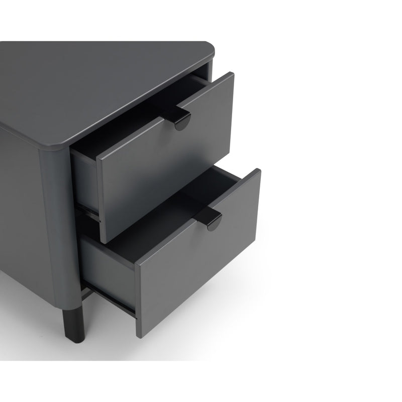 Dark gray drawer unit with two open drawers on a white background
