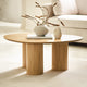 Wooden coffee table with decorative items in a living room setting