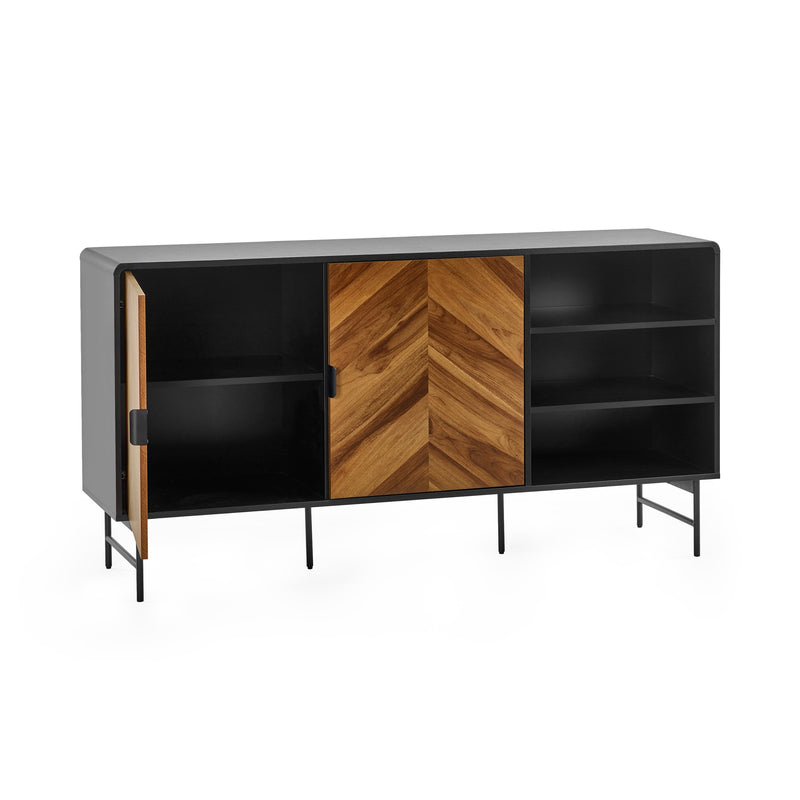 Modern cabinet with black and wooden design on a white background