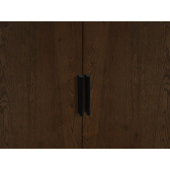 Wooden cabinet with two black handles on a white background
