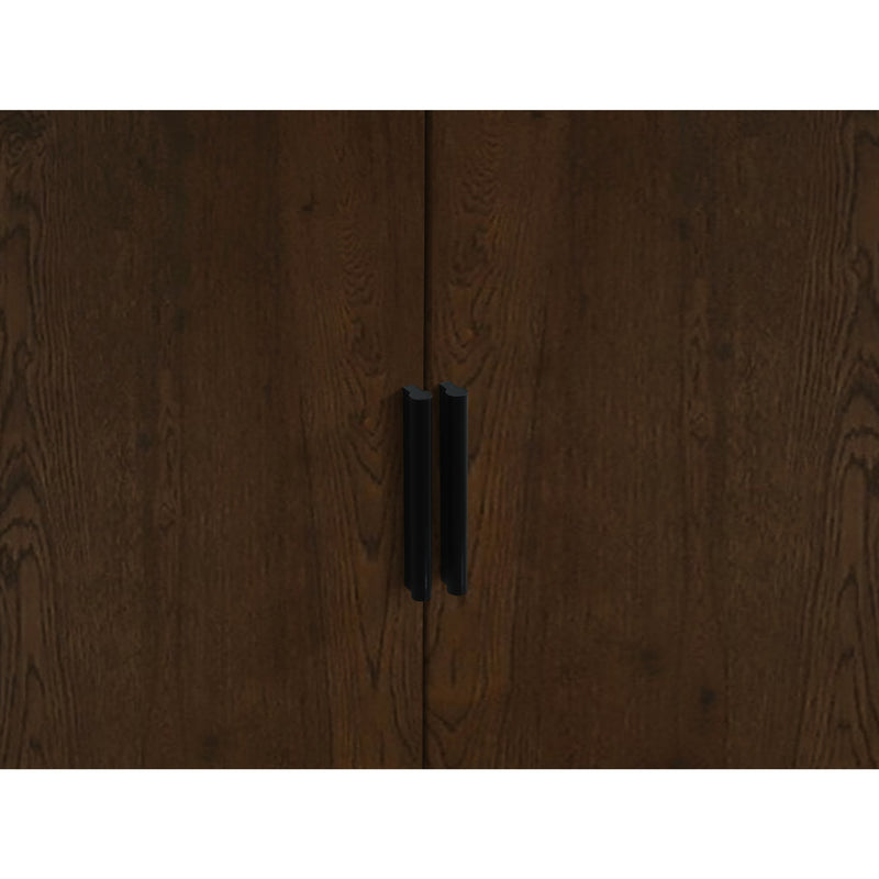 Wooden cabinet with two black handles on a white background