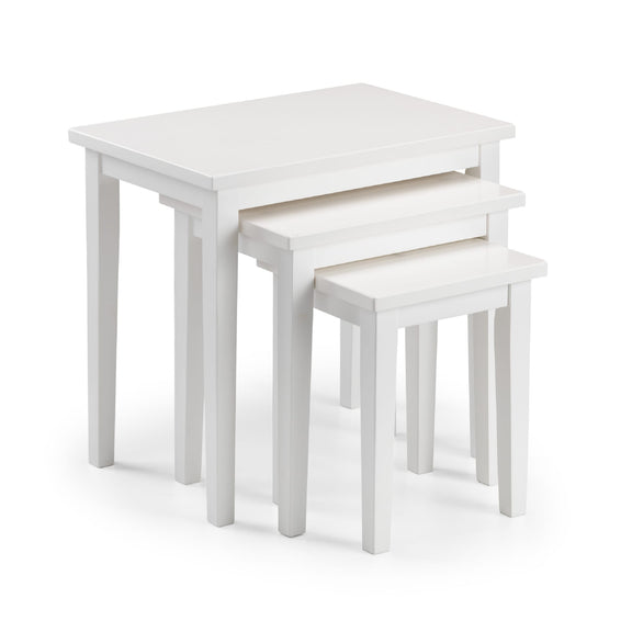 Set of three white nesting tables on a white background