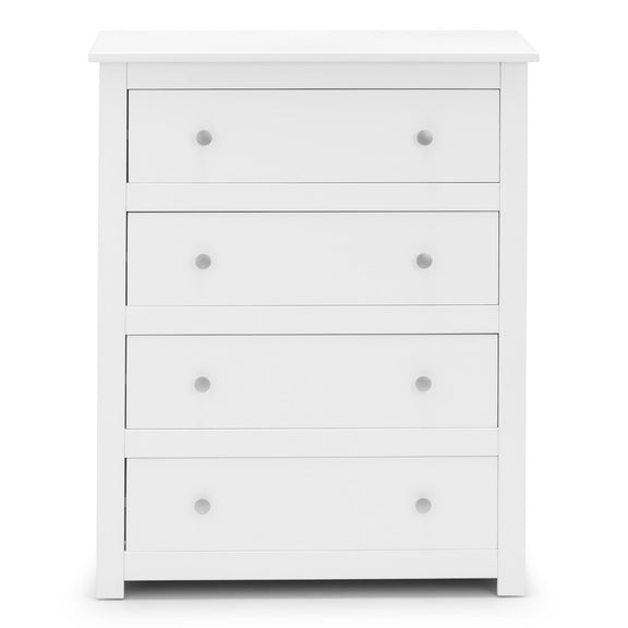 White dresser with four drawers on a white background
