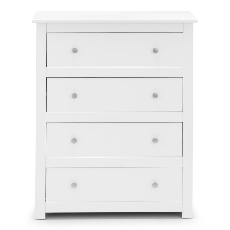 White dresser with four drawers on a white background