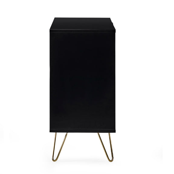 Black side table with gold hairpin legs on a white background