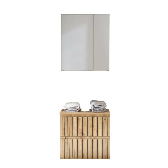 Bathroom vanity with wooden cabinet and mirror on a white background