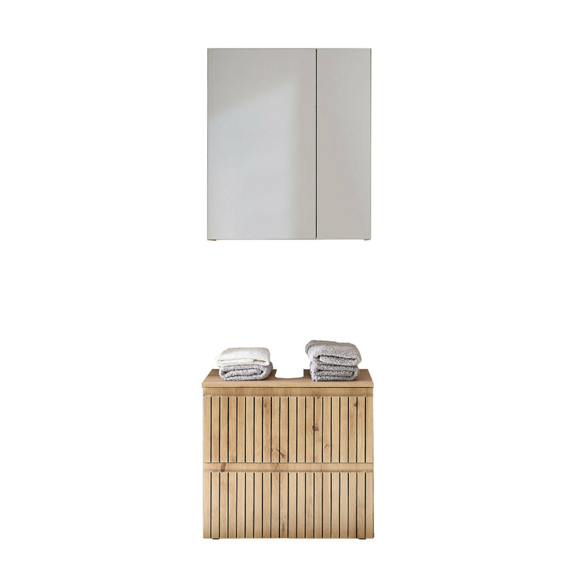Bathroom vanity with wooden cabinet and mirror on a white background