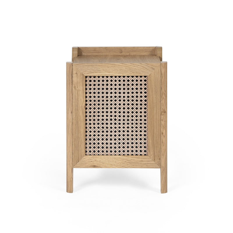 Wooden side table with a woven pattern on a white background